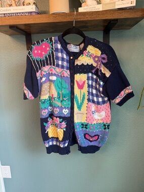 Vintage Hand Knit Scenic Patchwork Cardigan Northern Isles Cottagecore Sweater